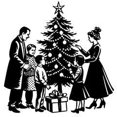 Family Gathering Around Christmas Tree, Exchanging Gifts on White Background