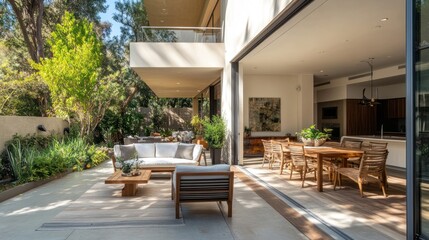 Modern outdoor living space with dining area and lounge surrounded by greenery.