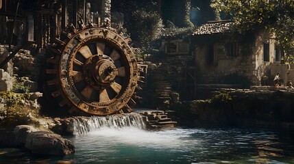 Massive Bronze Archimedes Screw Mechanism Lifting Water in Ornate Classical Riverside Landscape