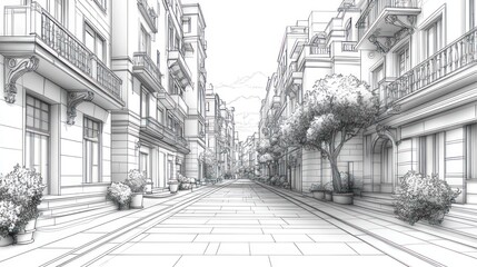 Line Drawing of a Cobblestone Street Lined with Buildings and Trees