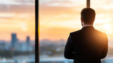 Fototapeta premium Man in suit gazes out of large window at vibrant city skyline during sunset, reflecting on days events.