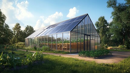 Obraz premium Modern greenhouse with solar panels in a sunny garden setting, showcasing sustainable agriculture and eco-friendly technology.