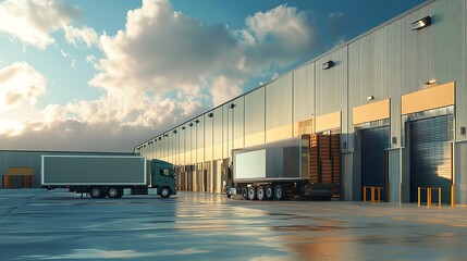 Modern logistics hub with trucks at a loading dock under a vibrant sky, reflecting efficient transportation and global trade.