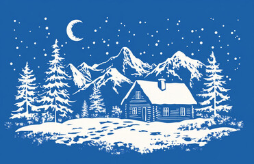 Stenciled winter cabin with trees, mountains, and a moon in white on a blue background