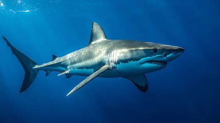 Naklejka premium Great White Shark Swimming Through the Ocean Depths