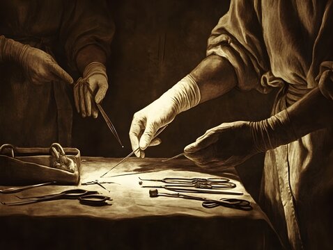 Skilled Surgeon s Hands Operating with Antique Medical Instruments in a Dimly Lit Antiquity Clinic
