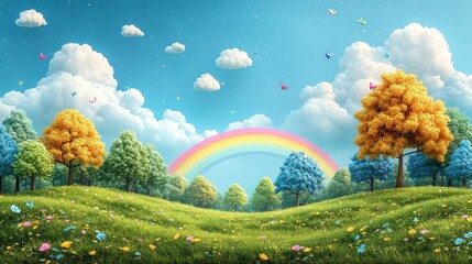 Naklejka premium A Dreamy Meadow with a Rainbow, Butterflies, and Lush Trees