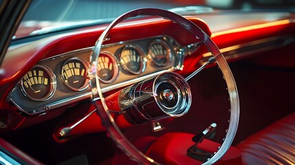 Vintage Analog Dashboard of Classic Car with Tachometer and Leather Interior