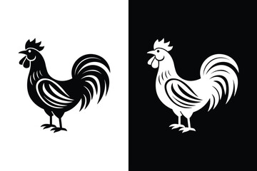 Farm Animal Icon. Chicken and Rooster Silhouettes on White and Black