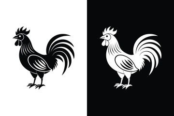 Rooster Silhouette Vector. Bold Farm Animal Icon in Black and White