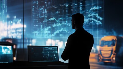 Silhouette of a businessman analyzing data on multiple screens with financial graphs and transport visuals in a modern office setting.
