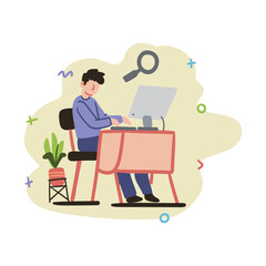 Man working at desk with computer, plant pot, magnifying glass. Ideal for technology, business, office, research, and workspace concepts.
