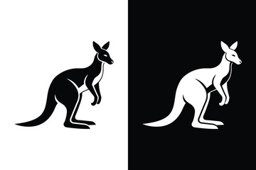 Simple Kangaroo Silhouette. Solid Icon Vector on White and Black Background