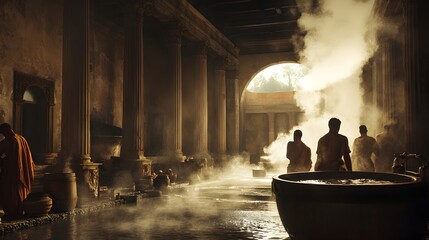 Fototapeta premium Ancient Roman Concrete Mixing Expertly Blended Churning Liquid with Architectural Columns