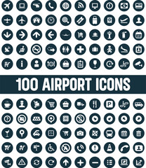 100 airport icons big universal set, a Collection Of 100 Departure Icons Set Isolated Solid Silhouette Icons, Including Terminal, Airport, Board, Departure, Flight, Travel,  Arrival Elements.