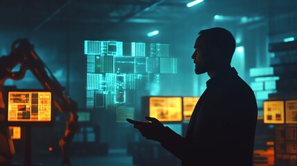 Silhouette of a man in a futuristic control room with digital screens and robotic arm in the background, illustrating technology and innovation.