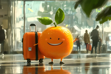 A smiling tangerine arrives at the airport with a suitcase