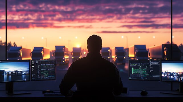 Silhouette of a person at a control center monitoring screens with trucks at sunset, emphasizing logistics and technology.