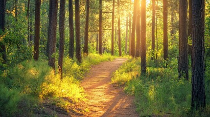 Fototapeta premium A tranquil forest path illuminated by soft sunlight at dawn, with lush greenery and tall trees surrounding the serene landscape