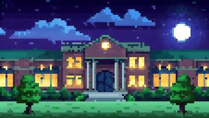 Large building exterior at night pixel art background. 8-bit game assets