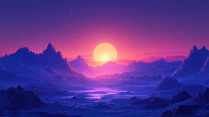 A Vibrant Sunset Over a Purple Mountain Range