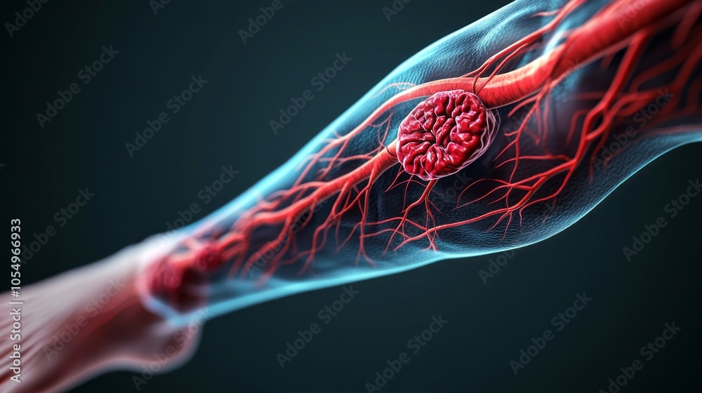 Poster a close up of a leg with red veins and a red blob in the middle
