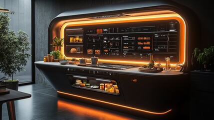 Obraz premium Modern kitchen interior featuring sleek design and ambient lighting with food preparation elements in a contemporary space