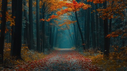 Fototapeta premium A tranquil forest pathway lined with trees and fallen leaves during an autumn afternoon in a serene woodland