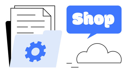 Stack of papers, folder with gear, speech bubble saying Shop, and cloud. Ideal for e-commerce, cloud storage, online shopping, digital organization, and data management. Modern vector style