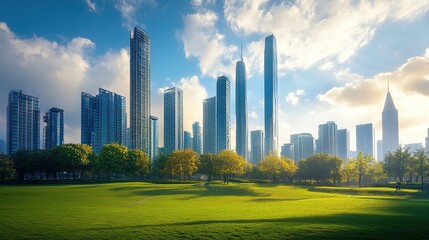 Fototapeta premium A colorful urban skyline with modern skyscrapers and green park in the foreground under a partly cloudy sky during late afternoon