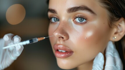 Obraz premium A profile view of a woman receiving a Botox injection in her cheek or jawline, highlighting the area being treated