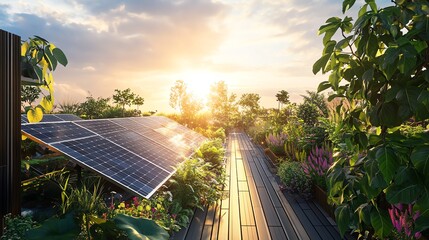 Solar panels in a lush garden setting, capturing energy from the sunrise, symbolizing sustainable and renewable energy solutions.