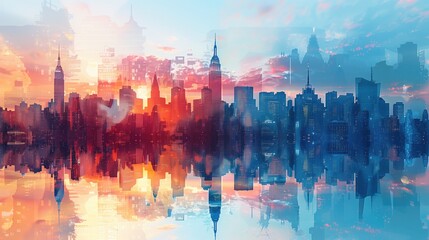 a us flag with new York skyline double exposure, light colors, clean modern look for financial newsletter service