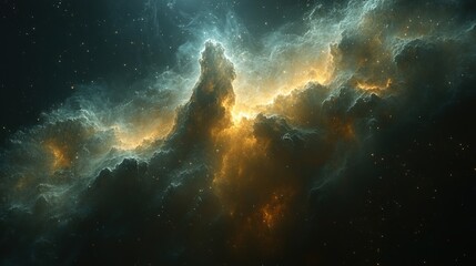Cosmic Nebula with Golden and Green Clouds and Stars