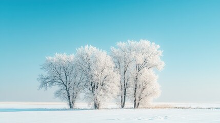 Fototapeta premium Winter trees covered in fresh snow against a clear blue sky in a tranquil mountain landscape during daylight hours