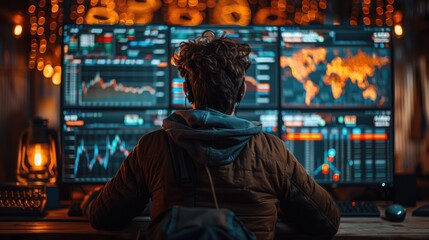 Obraz premium An analyst looking at stock market charts and anomalies on a large monitor, indicating possible insider trading 