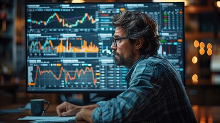An analyst looking at stock market charts and anomalies on a large monitor, indicating possible insider trading 