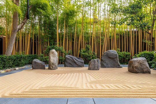 Tranquil Zen Garden with Raked Sand Stones and Bamboo Grove in Muromachi Japanese Style