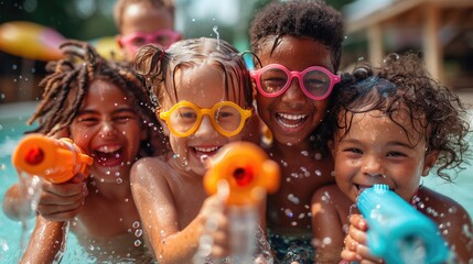 Kids and parents engaging in a fun water gun battle in the backyard or at the pool, with water spraying and lots of laughter 