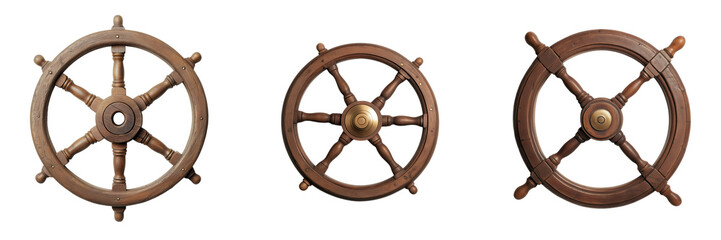 Obraz premium Set of wooden pirate ship wheel with brass accents isolated on a transparent background