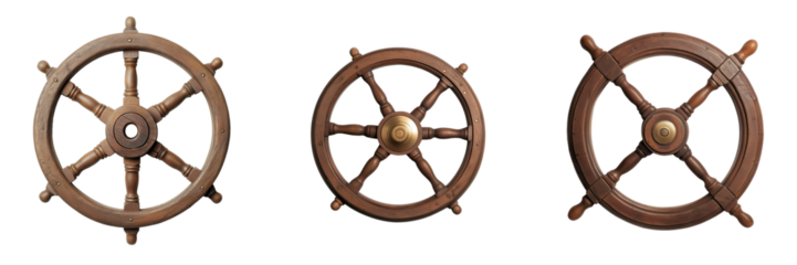 Set of wooden pirate ship wheel with brass accents isolated on a transparent background