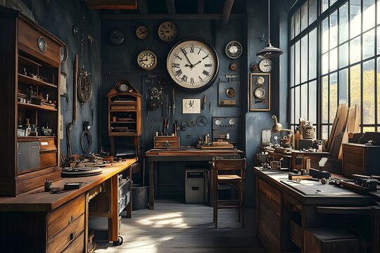 Vintage Analog Clock Repair Workshop with Weathered Timepieces and Handcrafted Wooden Workbenches