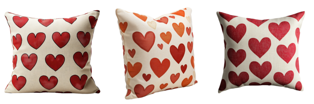 Set of Decorative pillow with red heart pattern isolated on a transparent background