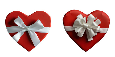 set of Heart-shaped gift box with white ribbon on a transparent background