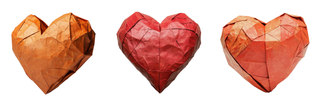 Set of Artistic origami heart isolated on a transparent background