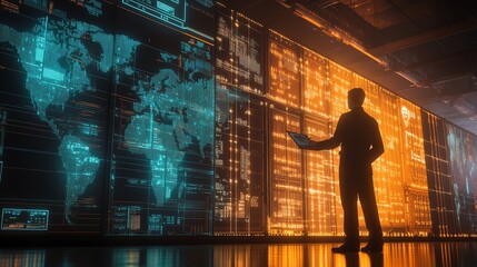 A silhouette of a person standing in front of a large digital world map display, analyzing data in a modern tech environment.