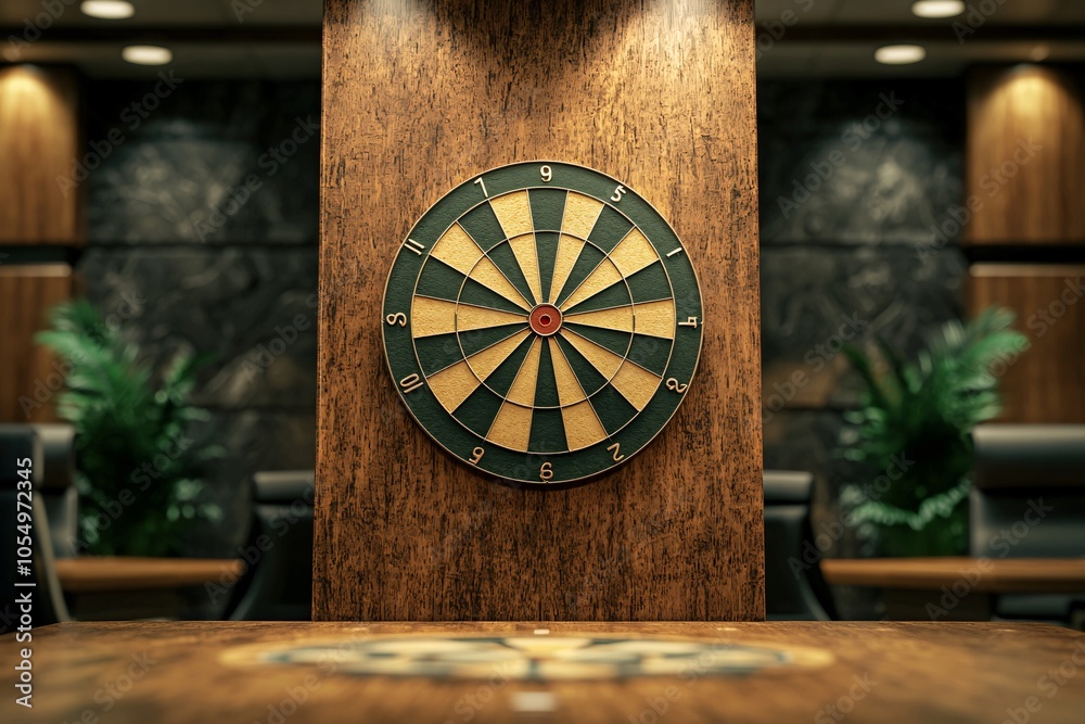 Wall mural dartboard on wooden wall in bar.