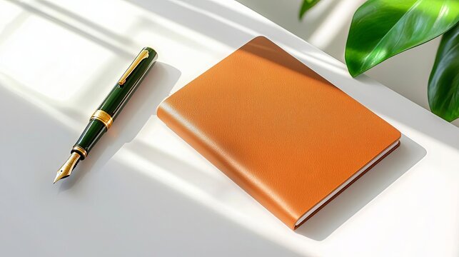 A stylish orange notebook paired with a green fountain pen, elegantly placed on a bright surface amidst soft shadows and natural light.