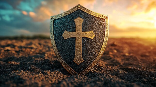 Golden Cross Shield in Sunset.