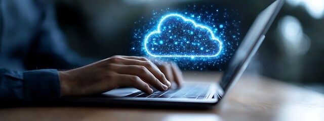  Man typing on laptop, cloud service hologram and devices sync 